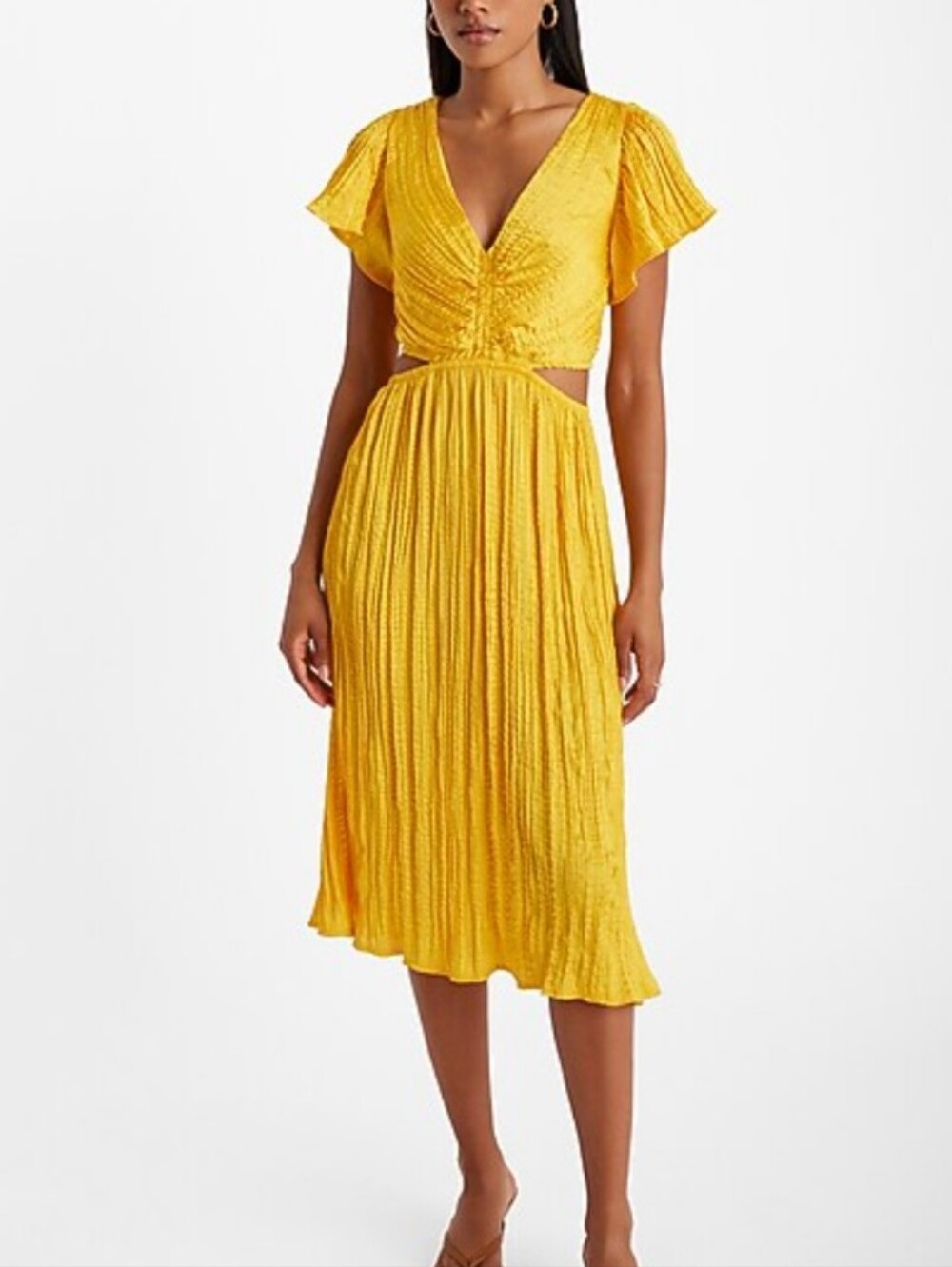 Express Yellow Satin V-neck Flutter Sleeve Pleated Cutout Midi Dress Size Medium